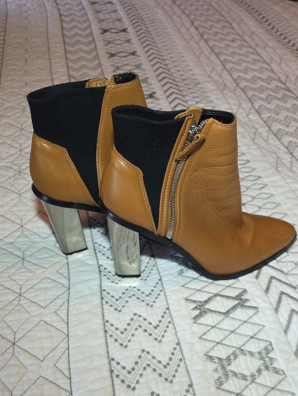 Aldo Tan Leather Ankle Boots with Black Cuff and Silver Block 3" Heel